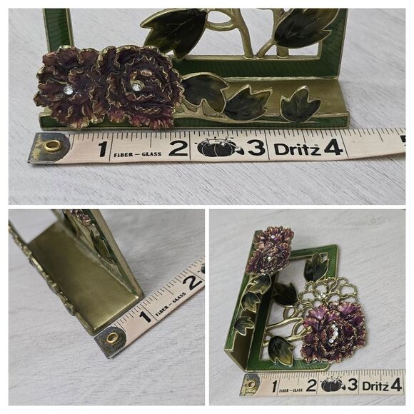 Vintage Enamel Jeweled Business Floral Top Table Card Holder Cast Metal - Picture 8 of 8